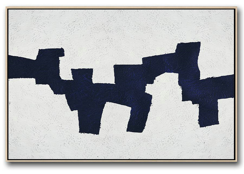 Hand Paint Abstract Painting,Horizontal Abstract Painting Navy Blue Minimalist Painting On Canvas,Large Paintings For Living Room